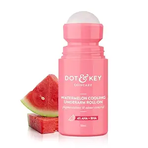 Dot & Key Watermelon Cooling Underarm Roll On | Odour & Sweat Controls | 4% AHA + BHA | Fresh Aqua Fragrance | Gently Exfoliates & Smooths Skin | For Men & Women | 50ml
