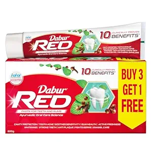 Dabur Red 600g (150g x 4, Pack of 4) Toothpaste - India's No.1 Ayurvedic Paste, Provides Protection Plaque Removal, Toothache, Yellow Teeth, Bad Breath