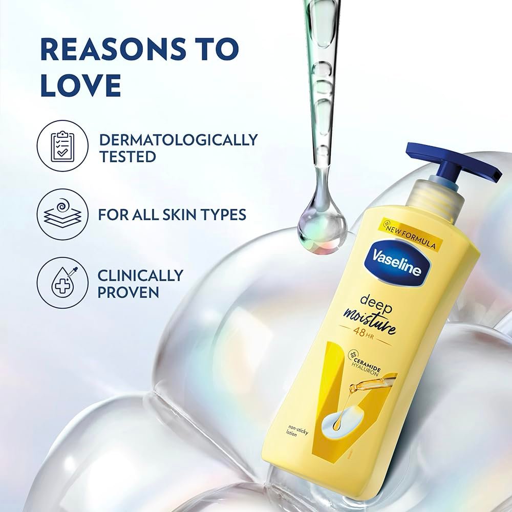 61JSaQ2oNHL._SL1000_ Vaseline Deep Moisture Body Lotion with Ceramide Hyaluron Fillers | 10X More Moisture for Cushion Soft Glowing Skin | For Dry Skin | Lightweight Non-Sticky Formula - Image 3