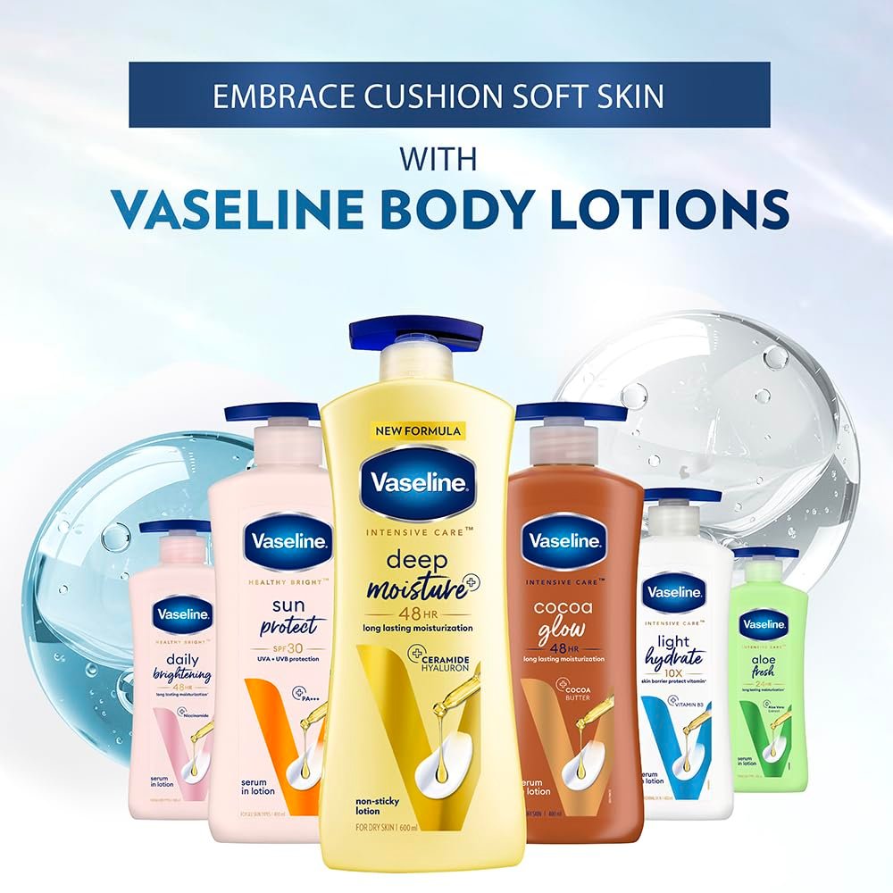 61Wt5cXdCvL._SL1000_ Vaseline Deep Moisture Body Lotion with Ceramide Hyaluron Fillers | 10X More Moisture for Cushion Soft Glowing Skin | For Dry Skin | Lightweight Non-Sticky Formula - Image 4