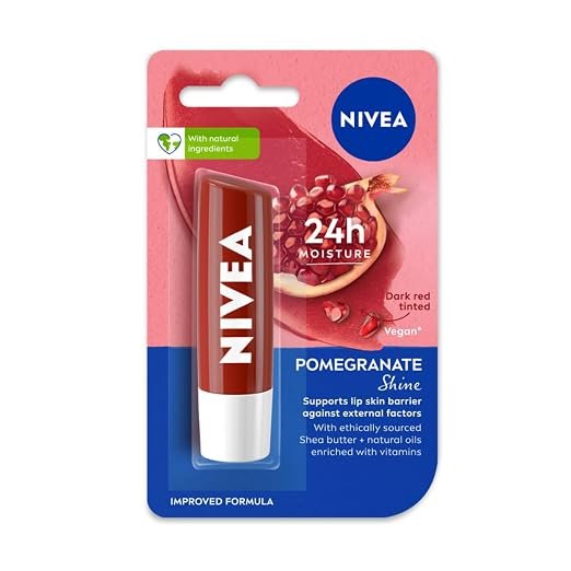 61mw8-v43oL._SX522_ NIVEA Shine Caring Lip Balm, Pomegranate, 4.8G, Red