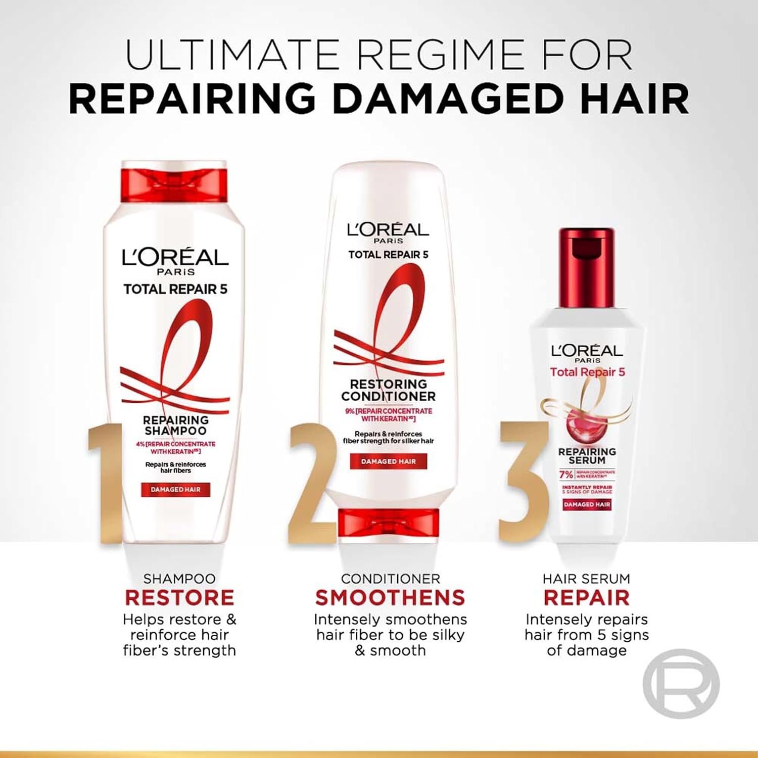 71Jy+L0yCyL._SL1500_ L'Oreal Paris Total Repair 5 Restoring Conditioner, 340ml | With Keratin XS | For damaged hair repair - Image 4