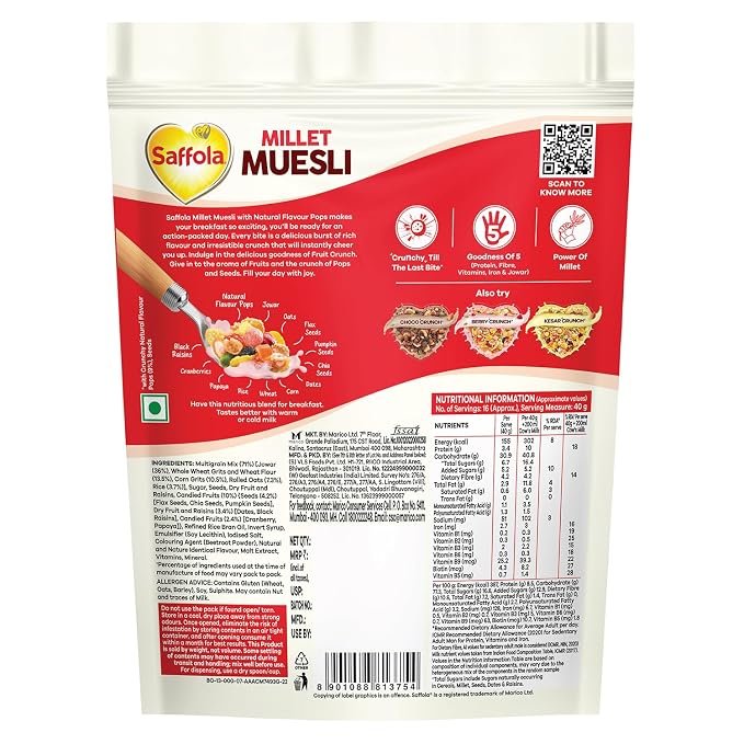 81RtMgMBMbL._SX679_ Saffola Millet Muesli with Crunchy Flavour Pops & High Fibre - Image 5