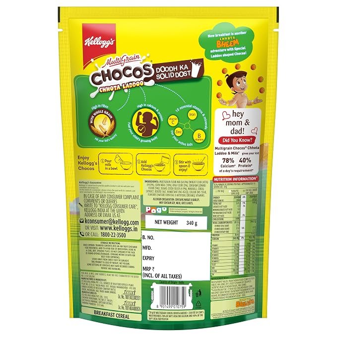 91eBANvHM3L._SX679_ Kellogg's Multigrain Chocos Chotta Ladoo 340g / 350g/391g | With Chotta Bheem Cut Out Mask | Source of Calcium, High in Protein, with 10 Essential Vitamins & Minerals | Breakfast Cereal for Kids - Image 2